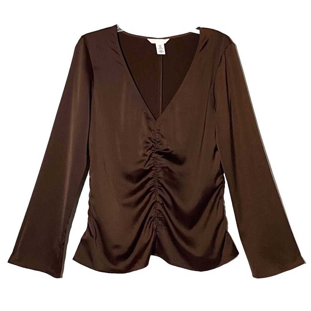 HM Satin Cinched Blouse Women's Medium Brown Trumpet Sleeves V-Neck Pullover